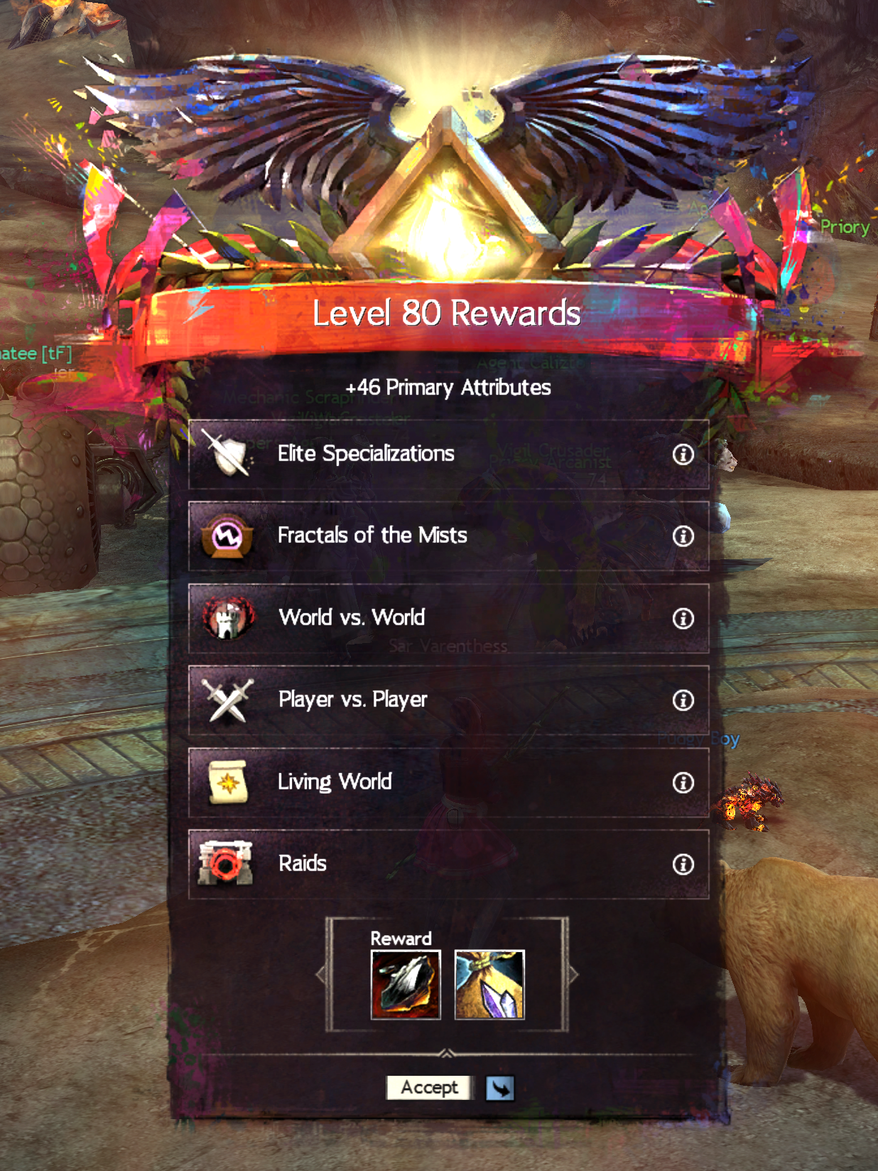 A screenshot of my achievement of hitting level 80 in Guild Wars 2
