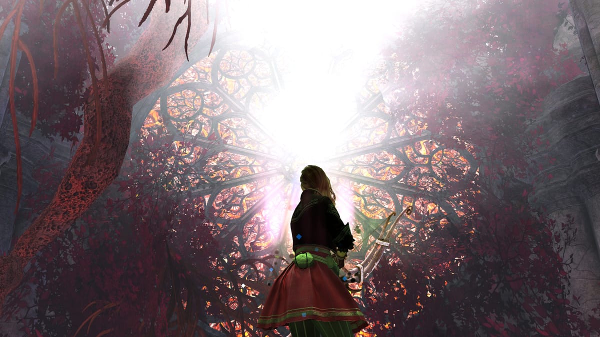 My GW2 Ranger looks at a large window in a demonic cathedral